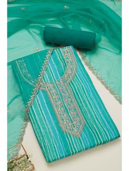 Soch - Womens Teal Organza Striped Unstiched Dress Material with Sequins (Set of 3)