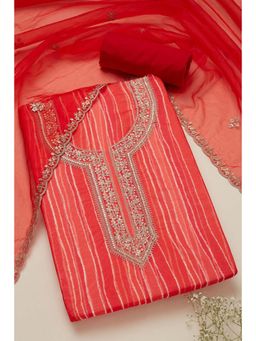 Soch - Womens Red Organza Striped Unstiched Dress Material with Sequins (Set of 3)