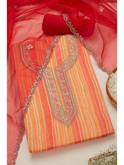 Soch - Womens Orange Organza Striped Unstiched Dress Material with Sequins (Set of 3)
