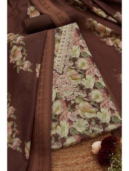Soch - Womens Brown Chanderi Floral Unstiched Dress Material with Beads (Set of 3)