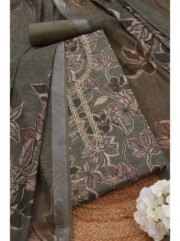 Soch - Womens Olive Linen Floral Unstitch Dress Material with Beads and Stones (Set of 3)