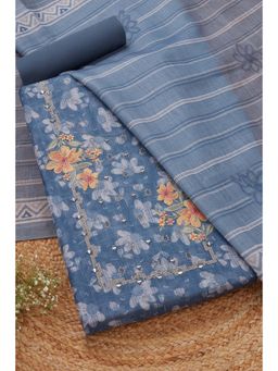 Soch - Womens Indigo Linen Floral Unstitch Dress Material with Mirror Work (Set of 3)