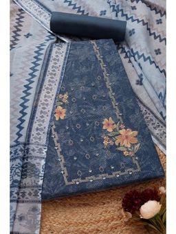 Soch - Womens Indigo Linen Floral Unstitch Dress Material with Mirror Work (Set of 3)