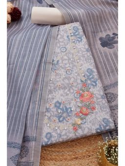 Soch - Womens Grey Linen Floral Unstitch Dress Material with Mirror Work (Set of 3)