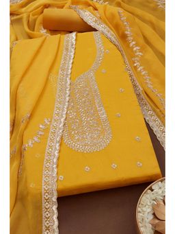 Soch - Womens Mustard Chinon Embroidered Unstiched Dress Material with Sequins (Set of 3)