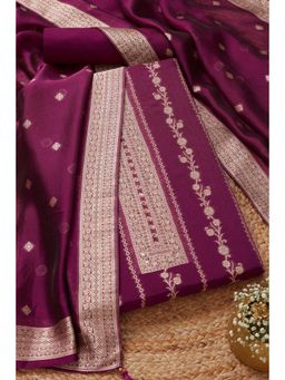 Soch - Womens Magenta Organza Zari Woven Unstiched Dress Material with Sequins (Set of 3)