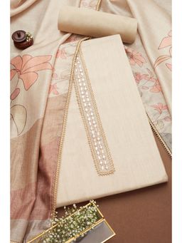Soch - Womens Cream Chanderi Floral Unstiched Dress Material with Mirror Work (Set of 3)