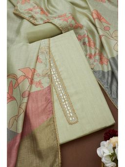 Soch - Womens Sap Green Chanderi Floral Unstiched Dress Material with Mirror Work (Set of 3)