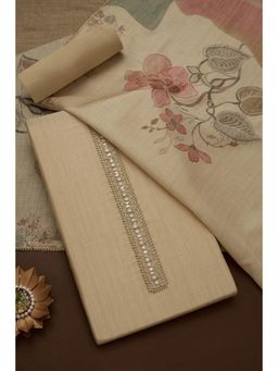 Soch - Womens Beige Chanderi Floral Unstiched Dress Material with Mirror Work (Set of 3)