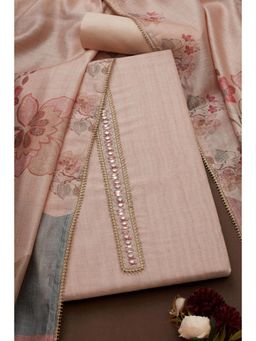 Soch - Womens Pink Chanderi Floral Unstiched Dress Material with Mirror Work (Set of 3)