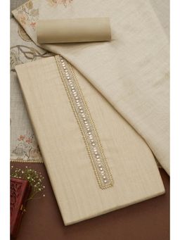 Soch - Womens Cream Chanderi Floral Unstiched Dress Material with Mirror Work (Set of 3)