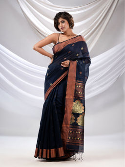 CHARUKRITI - Navy Blue Cotton Blend Handwoven Saree with Nakshi Pallu with Unstitched Blouse