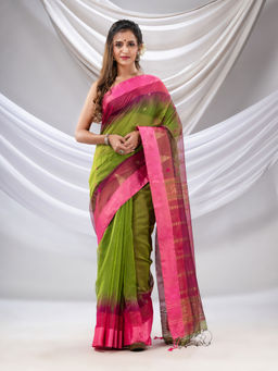CHARUKRITI - Parrot Green Cotton Blend Handwoven Saree with Ikkat Style with Unstitched Blouse