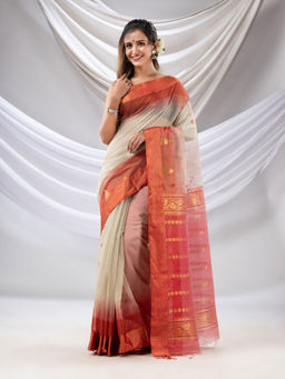CHARUKRITI - Off White Cotton Blend Handwoven Saree with Ikkat Style with Unstitched Blouse