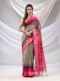 CHARUKRITI - Grey Cotton Blend Handwoven Saree with Ikkat Style with Unstitched Blouse