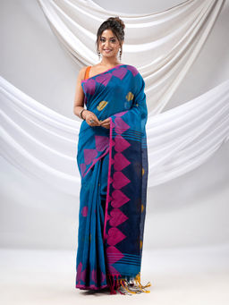 CHARUKRITI - Sapphire Blue Cotton Blend Handwoven Saree with Woven Design with Unstitched Blouse
