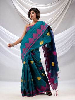 CHARUKRITI - Teal Cotton Blend Handwoven Saree with Woven Design with Unstitched Blouse