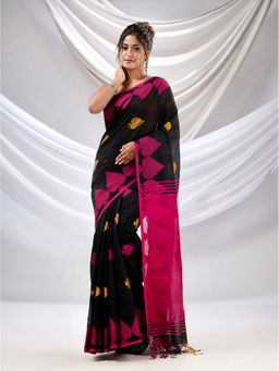 CHARUKRITI - Black Cotton Blend Handwoven Saree with Woven Design with Unstitched Blouse