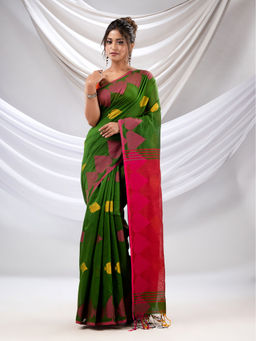 CHARUKRITI - Green Cotton Blend Handwoven Saree with Woven Design with Unstitched Blouse