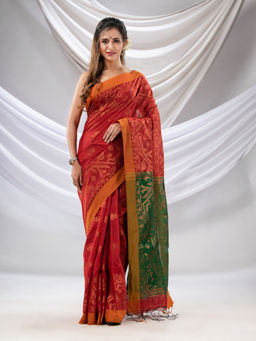 CHARUKRITI - Rust Cotton Blend Handwoven Saree with Jamdani Border with Unstitched Blouse