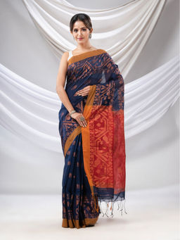 CHARUKRITI - Navy Blue Cotton Blend Handwoven Saree with Jamdani Border with Unstitched Blouse