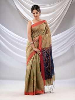 CHARUKRITI - Ecru Cotton Blend Handwoven Saree with Jamdani Border with Unstitched Blouse