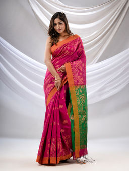 CHARUKRITI - Magenta Cotton Blend Handwoven Saree with Jamdani Border with Unstitched Blouse