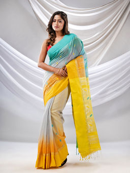 CHARUKRITI - Grey Cotton Blend Handwoven Saree with Ikkat Style with Unstitched Blouse