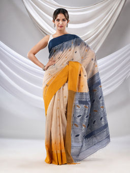 CHARUKRITI - Beige Cotton Blend Handwoven Saree with Ikkat Style with Unstitched Blouse