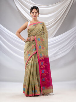 CHARUKRITI - Olive Cotton Blend Handwoven Saree with Floral Border with Unstitched Blouse
