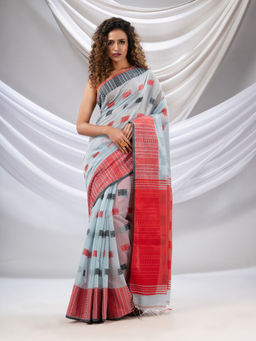 CHARUKRITI - Sky Blue Cotton Handspun Soft Saree with Nakshi Design with Unstitched Blouse