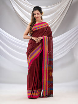 CHARUKRITI - Maroon Cotton Handwoven Soft Saree with Stripe Borders with Unstitched Blouse