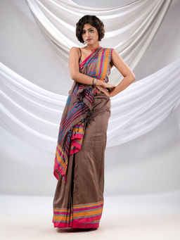 CHARUKRITI - Ecru Cotton Handwoven Soft Saree with Stripe Borders with Unstitched Blouse