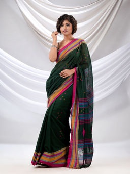 CHARUKRITI - Emerald Green Cotton Handwoven Soft Saree with Stripe Borders with Unstitched Blouse