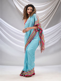 CHARUKRITI - Sky Blue Cotton Handwoven Soft Saree with Stripe Borders with Unstitched Blouse