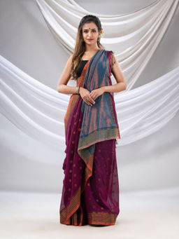 CHARUKRITI - Wine Cotton Handwoven Soft Saree with Zari Woven Design with Unstitched Blouse