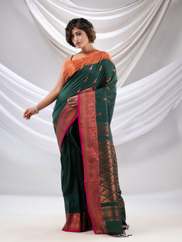 CHARUKRITI - Green Cotton Handwoven Soft Saree with Zari Woven Nakshi Borders with Unstitched Blouse