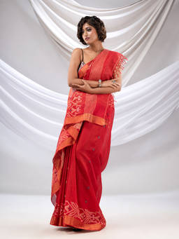 CHARUKRITI - Red Cotton Handwoven Soft Saree with Jamdani Borders with Unstitched Blouse
