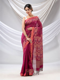 CHARUKRITI - Magenta Cotton Handwoven Soft Saree with Jamdani Borders with Unstitched Blouse