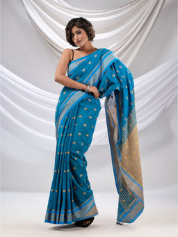 CHARUKRITI - Sapphire Blue Cotton Handwoven Soft Saree with Texture Design with Unstitched Blouse