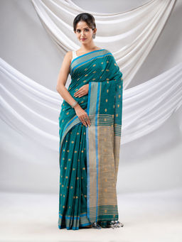 CHARUKRITI - Teal Cotton Handwoven Soft Saree with Texture Design with Unstitched Blouse