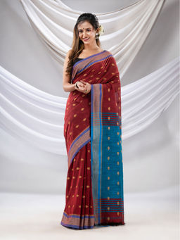 CHARUKRITI - Maroon Cotton Handwoven Soft Saree with Texture Design with Unstitched Blouse