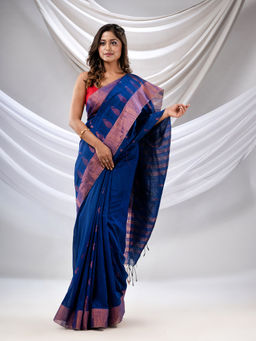 CHARUKRITI - Blue Cotton Handwoven Saree with Zari Border with Unstitched Blouse