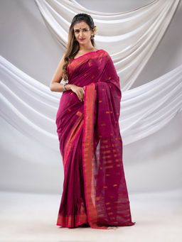 CHARUKRITI - Magenta Cotton Handwoven Saree with Zari Border with Unstitched Blouse