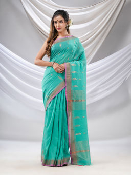 CHARUKRITI - Sea Green Cotton Handwoven Saree with Zari Border with Unstitched Blouse