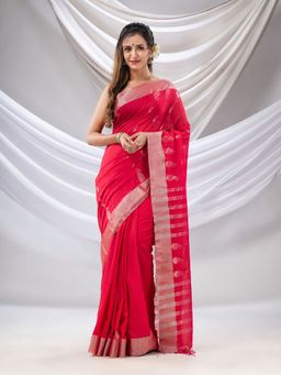 CHARUKRITI - Red Cotton Handwoven Saree with Zari Border with Unstitched Blouse