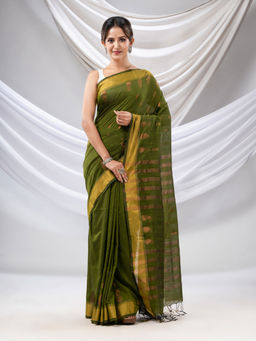 CHARUKRITI - Moss Green Cotton Handwoven Saree with Zari Border with Unstitched Blouse