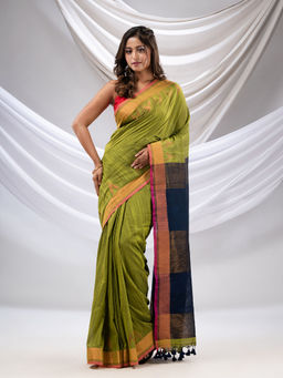 CHARUKRITI - Sheen Green Cotton Handwoven Saree with Zari Borders with Unstitched Blouse