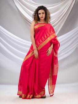 CHARUKRITI - Red Cotton Handwoven Saree with Zari Borders with Unstitched Blouse