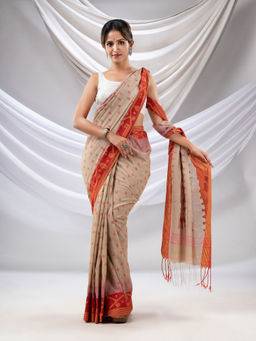 CHARUKRITI - Beige Cotton Handwoven Saree with Jamdani Design with Unstitched Blouse